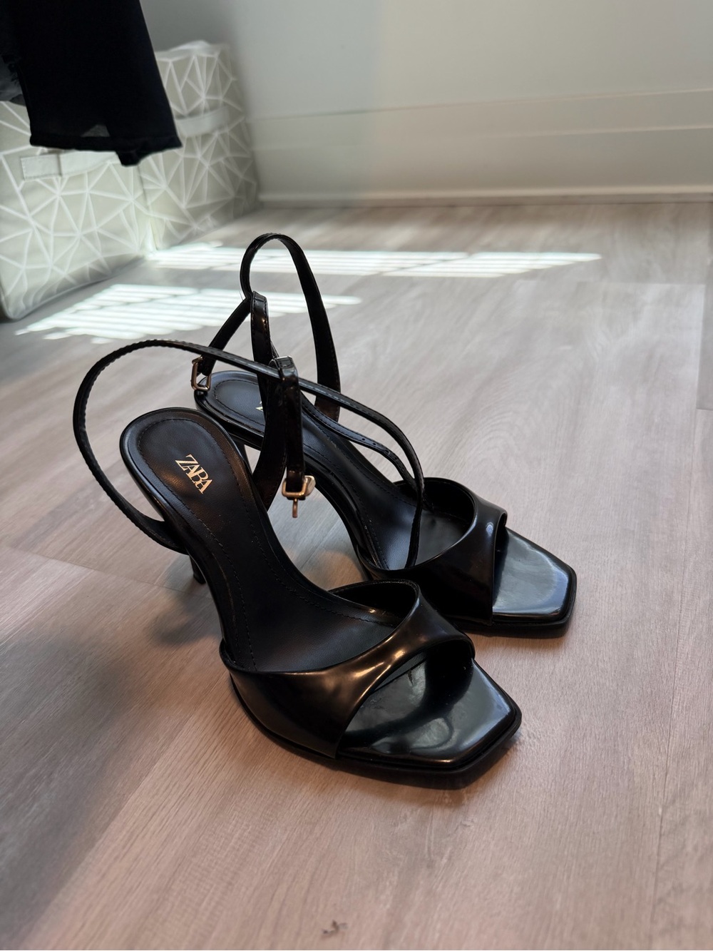 Zara Black Square-Toe Strappy Heels